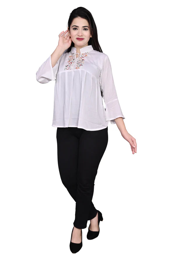 White Printed Rayon Charming Tie Up Neck Bell Cherry Top