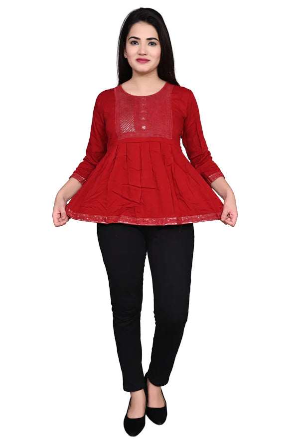 Rayon Stylish Red Embroidery Top For Women/Girls