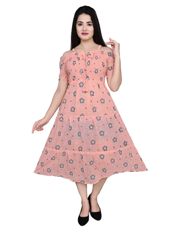 Floral Print Shoulder Strap Fit Flare Pleated Midi Dress Pink Color