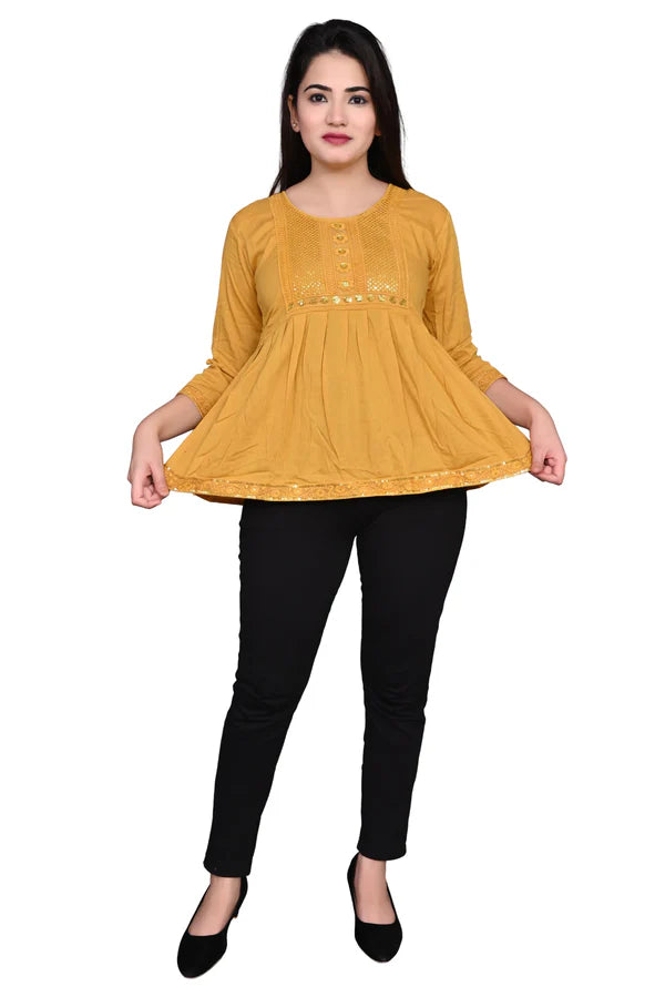 Rayon Stylish Yellow Embroidery Top For Women/Girls,