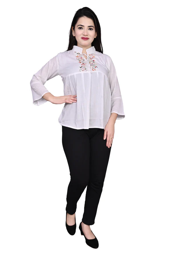 White Printed Rayon Charming Tie Up Neck Bell Cherry Top