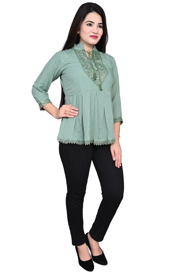 Mint Green Rayon Charming Tie Up Neck Bell Cherry Top