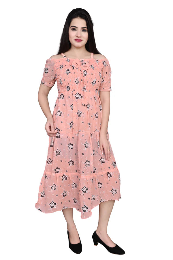 Floral Print Shoulder Strap Fit Flare Pleated Midi Dress Pink Color