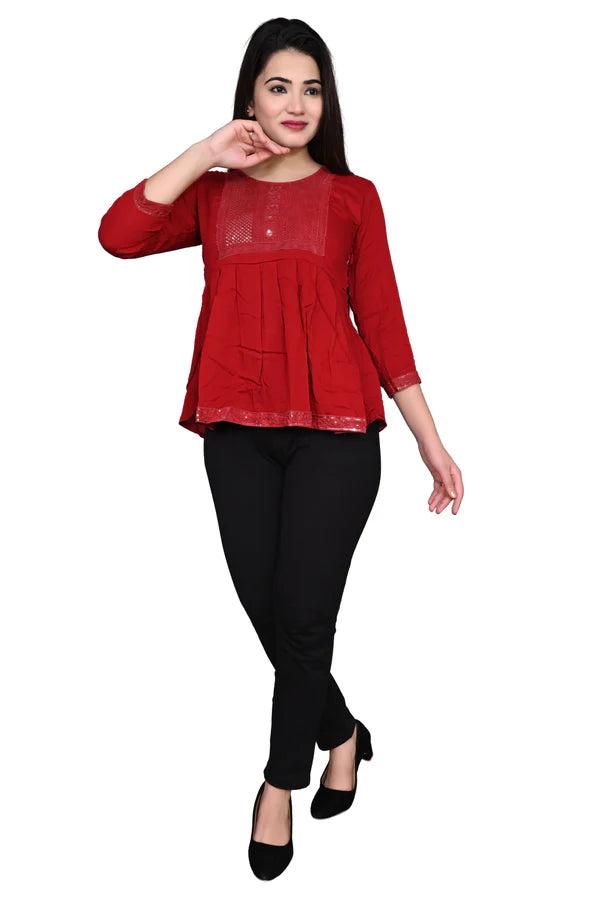 Rayon Stylish Red Embroidery Top For Women/Girls