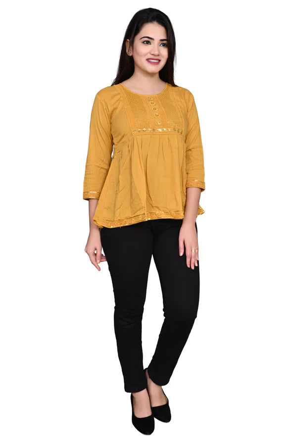 Rayon Stylish Yellow Embroidery Top For Women/Girls,