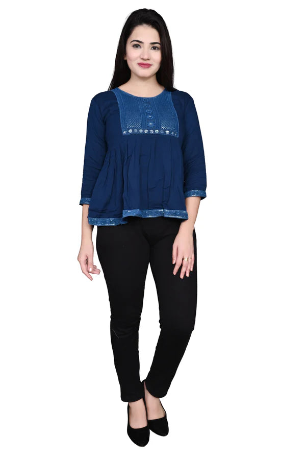 Rayon Stylish Blue Embroidery Top For Women/Girls