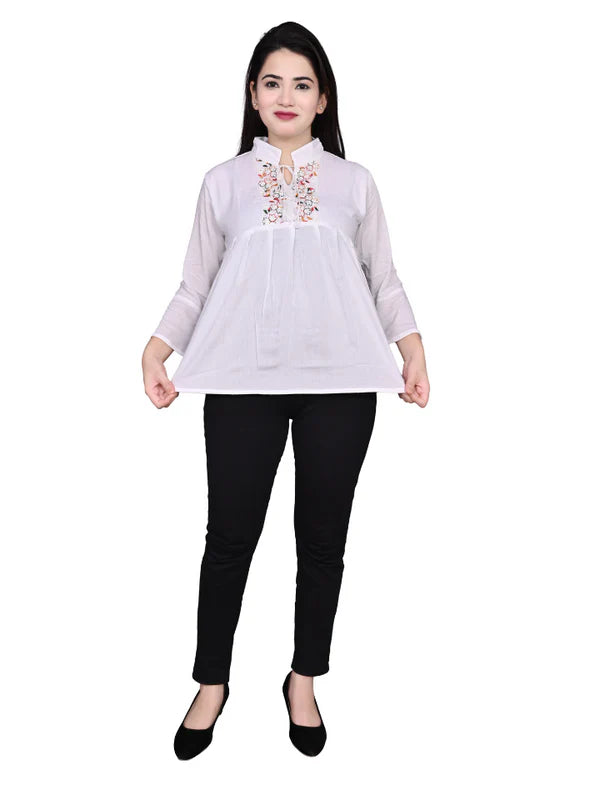 White Printed Rayon Charming Tie Up Neck Bell Cherry Top