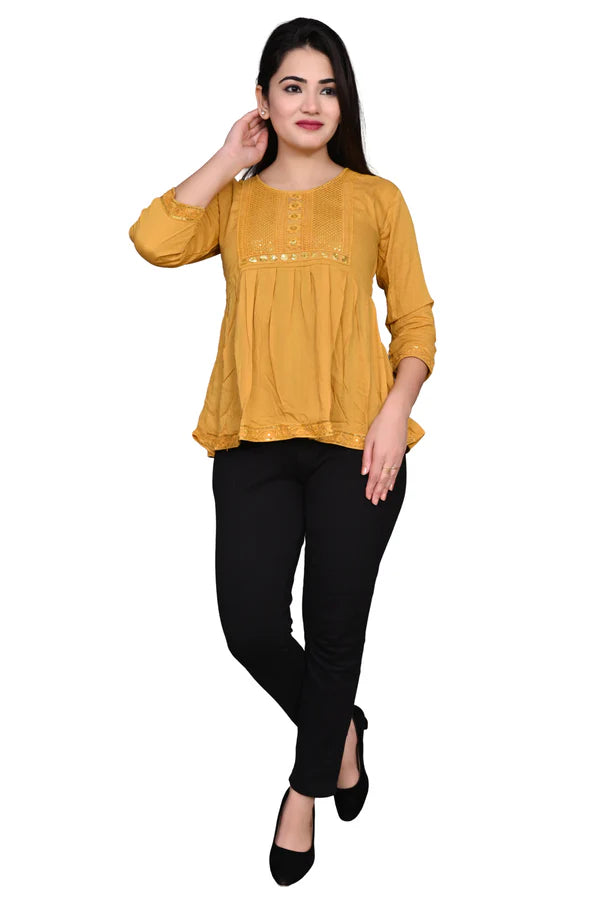 Rayon Stylish Yellow Embroidery Top For Women/Girls,