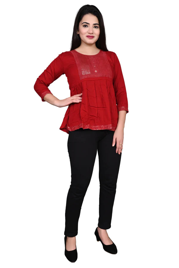 Rayon Stylish Red Embroidery Top For Women/Girls