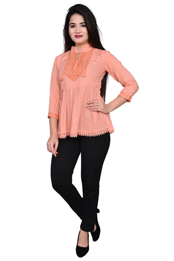 Pink Rayon Charming Tie Up Neck Bell Cherry Top