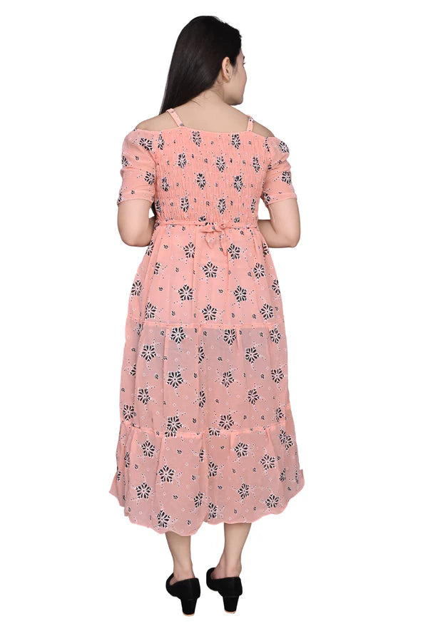 Floral Print Shoulder Strap Fit Flare Pleated Midi Dress Pink Color