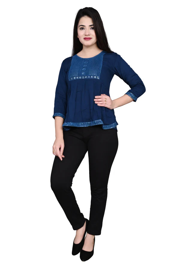 Rayon Stylish Blue Embroidery Top For Women/Girls