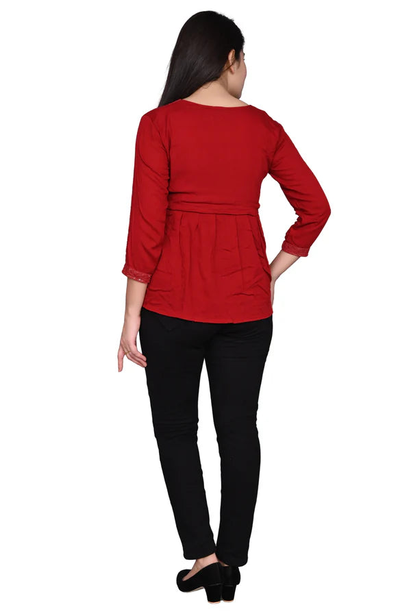 Rayon Stylish Red Embroidery Top For Women/Girls