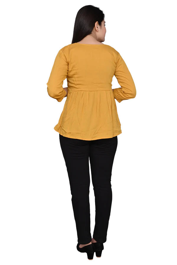 Rayon Stylish Yellow Embroidery Top For Women/Girls,