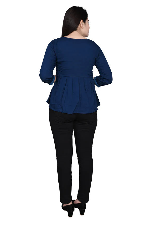 Rayon Stylish Blue Embroidery Top For Women/Girls