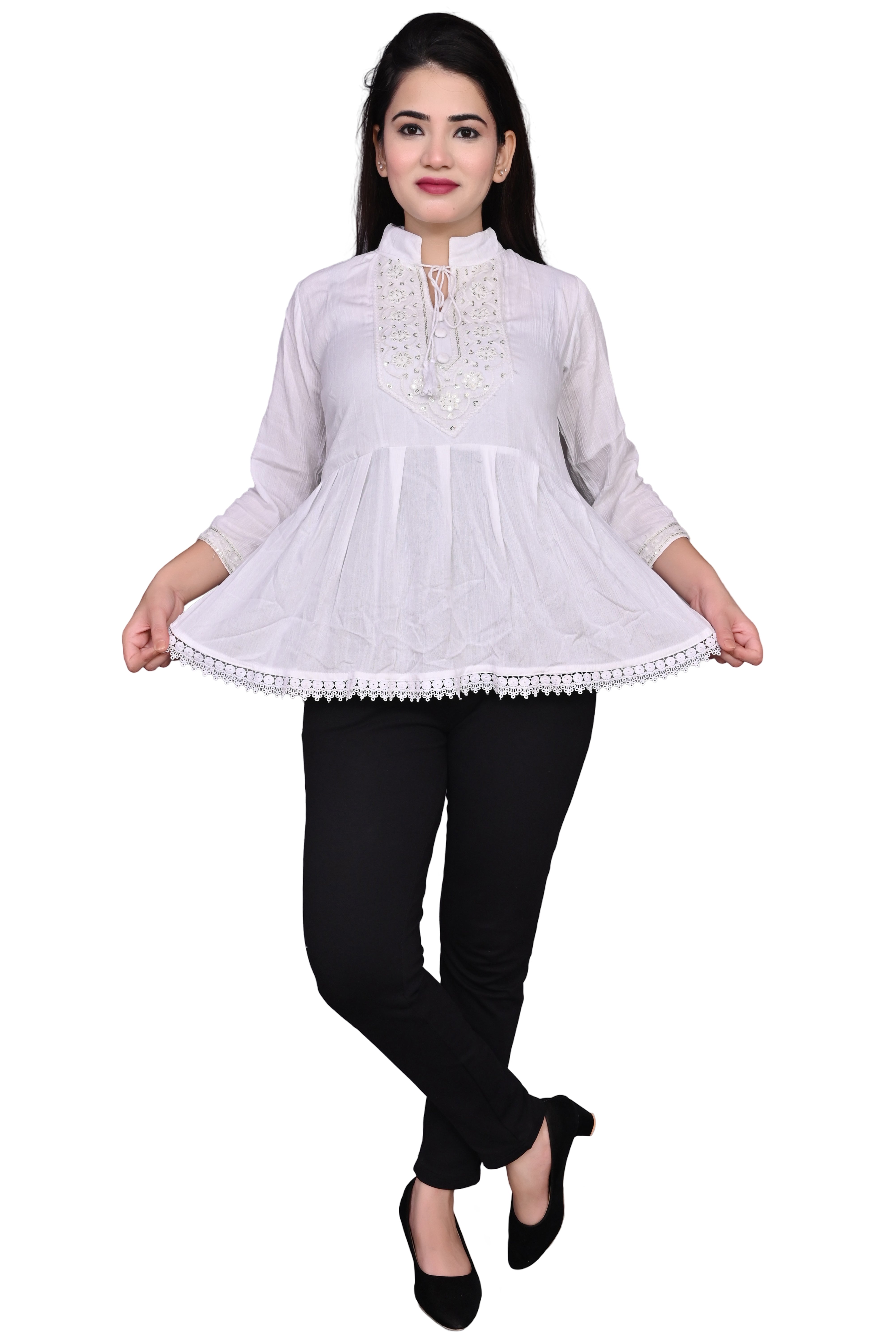 White Rayon Charming Tie Up Neck Bell Cherry Top