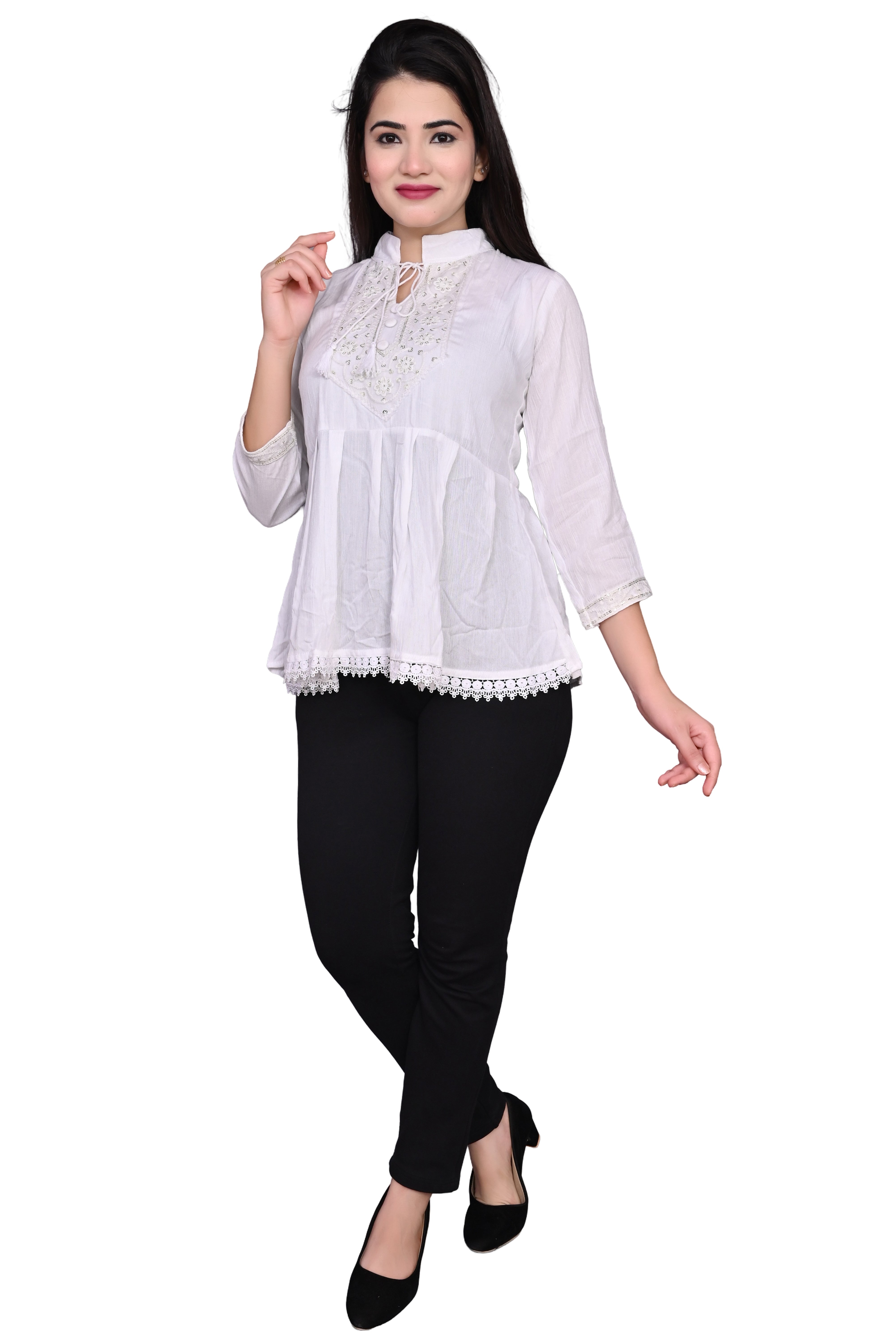 White Rayon Charming Tie Up Neck Bell Cherry Top