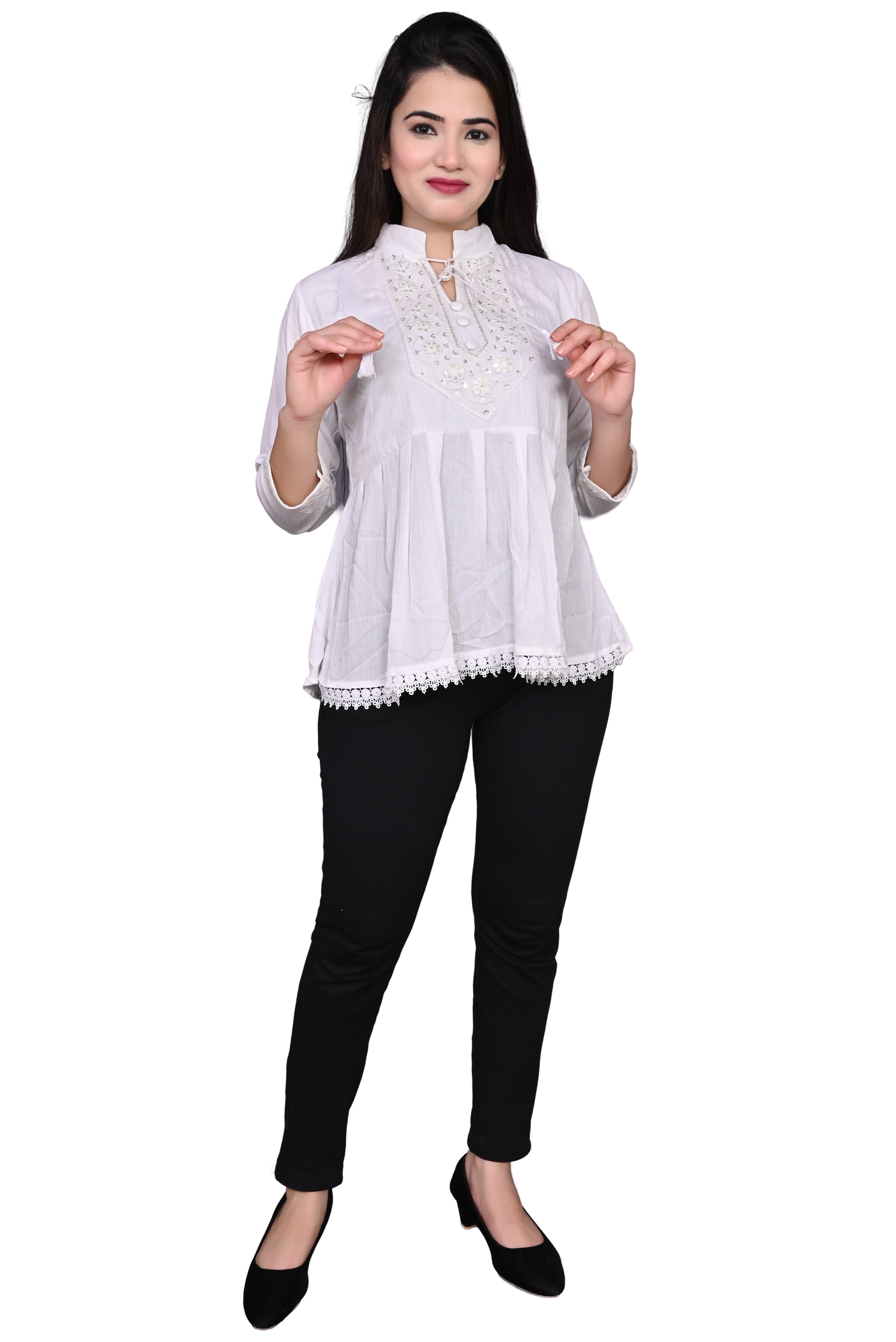 White Rayon Charming Tie Up Neck Bell Cherry Top